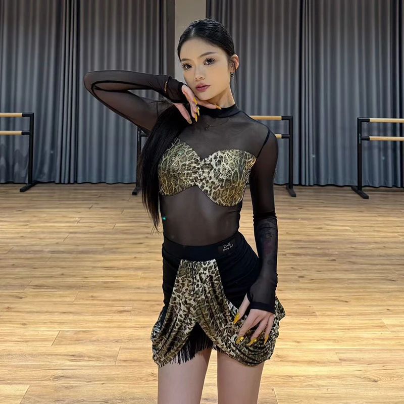 신상 라틴 댄스 공연 의상 레오파드 메쉬 섹시 룸바 차차 탱고 댄스 연습복 대회 드레스 수트 DNV25999