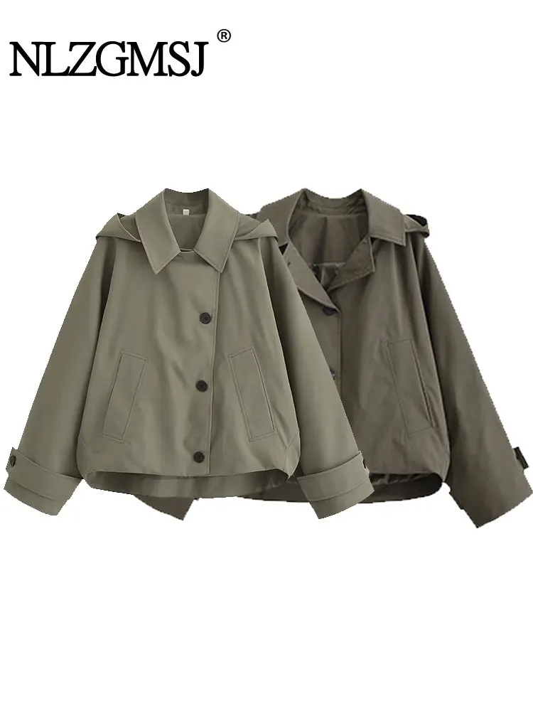 NLZFMSJ Casual Chic Women Jackets Solid Single Breasted Pockets Hooded Coat New Fashion 2025 Autumn Holiday Loose Coat