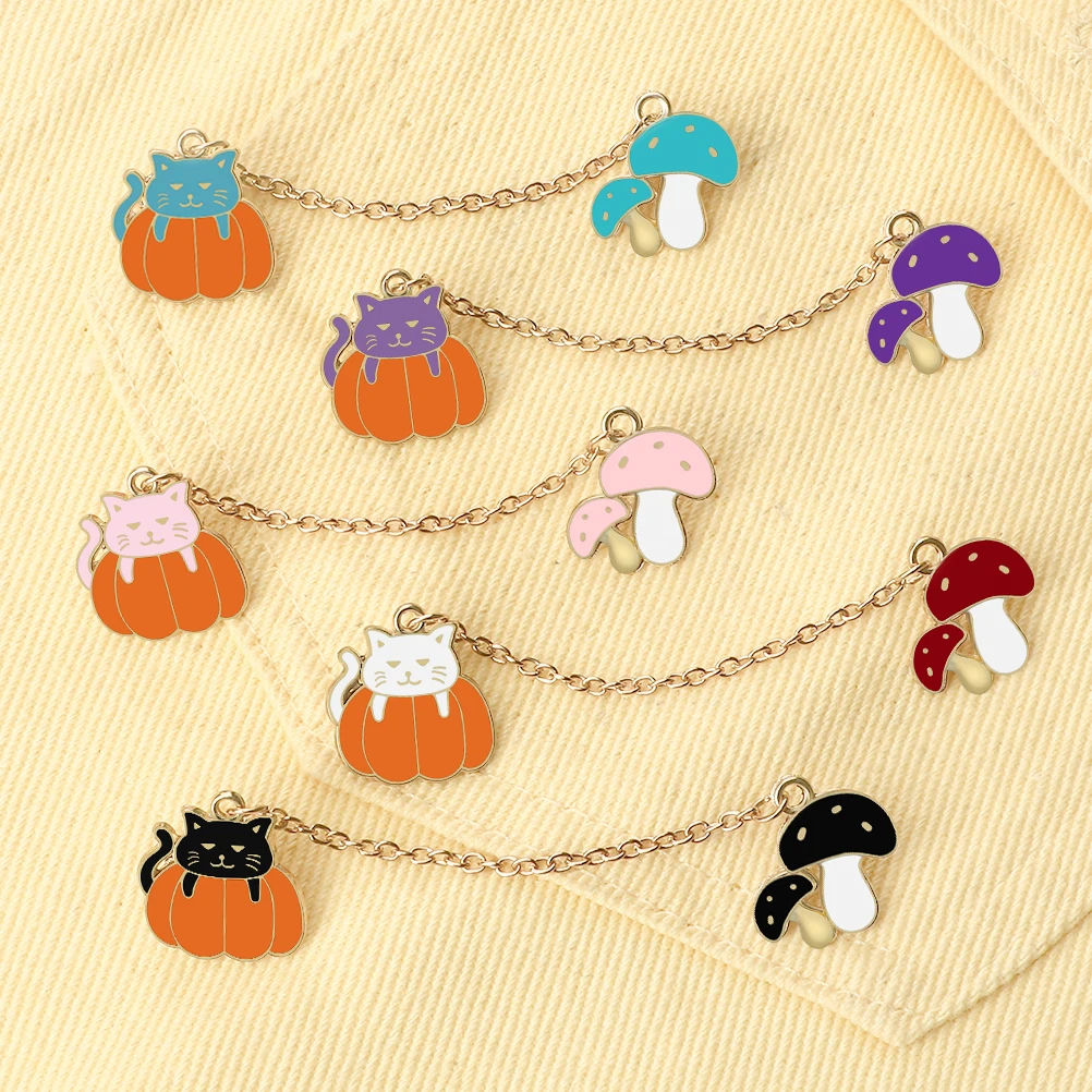 New Colorful Mushroom Pumpkin Cat Brooches Women Men Halloween Enamel Pins Charm Long Chain Badges Jewelry Gift for Friend