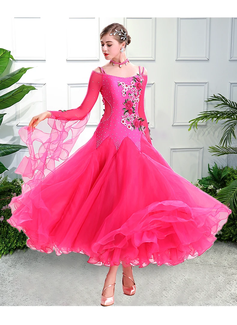 

Women V-back Pink Ballroom Dress Standard Plus Size Ballroom Dance Costume Viennese Waltz Dress Foxtrot Dance Wear Quickstep