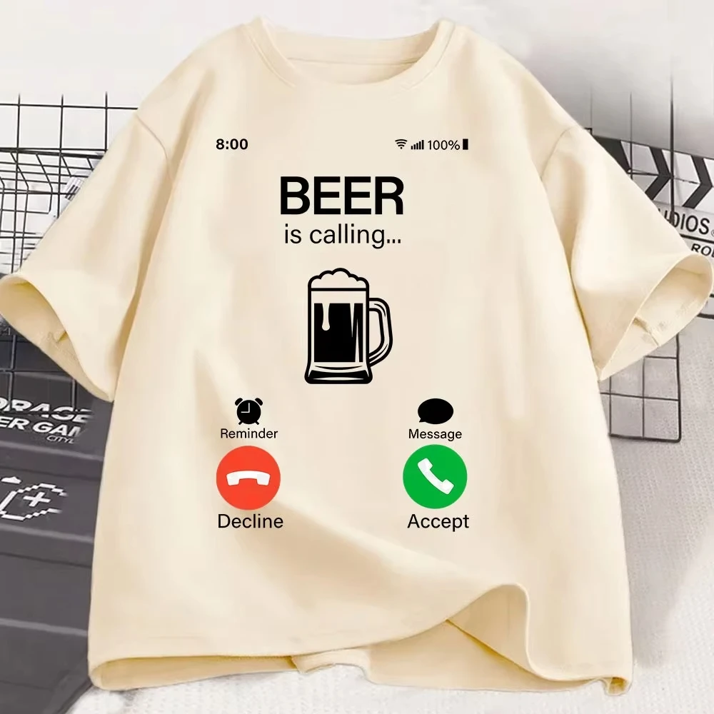 Beer Is Calling and I Must Go Phone Funny Meme T Shirt Men's Women Fashion T-shirt Casual Cotton Short Sleeve Oversized T-shirts