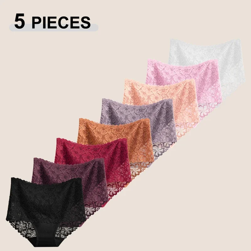 5Pcs/Set Seamless Perspective Lace Patchwork Briefs Solid Color Luxury Floral Embroidery Panties Female Breathable Sexy Lingerie