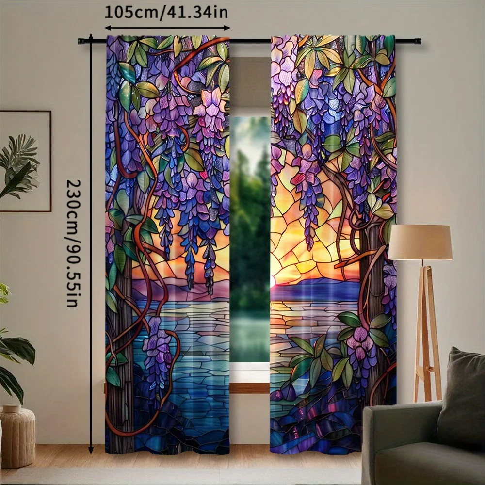 Vibrant Wisteria Floral Pattern Curtains Sunset Landscape Boho Style Window Drapes Polyester Fabric Home Decor Living Room Treat