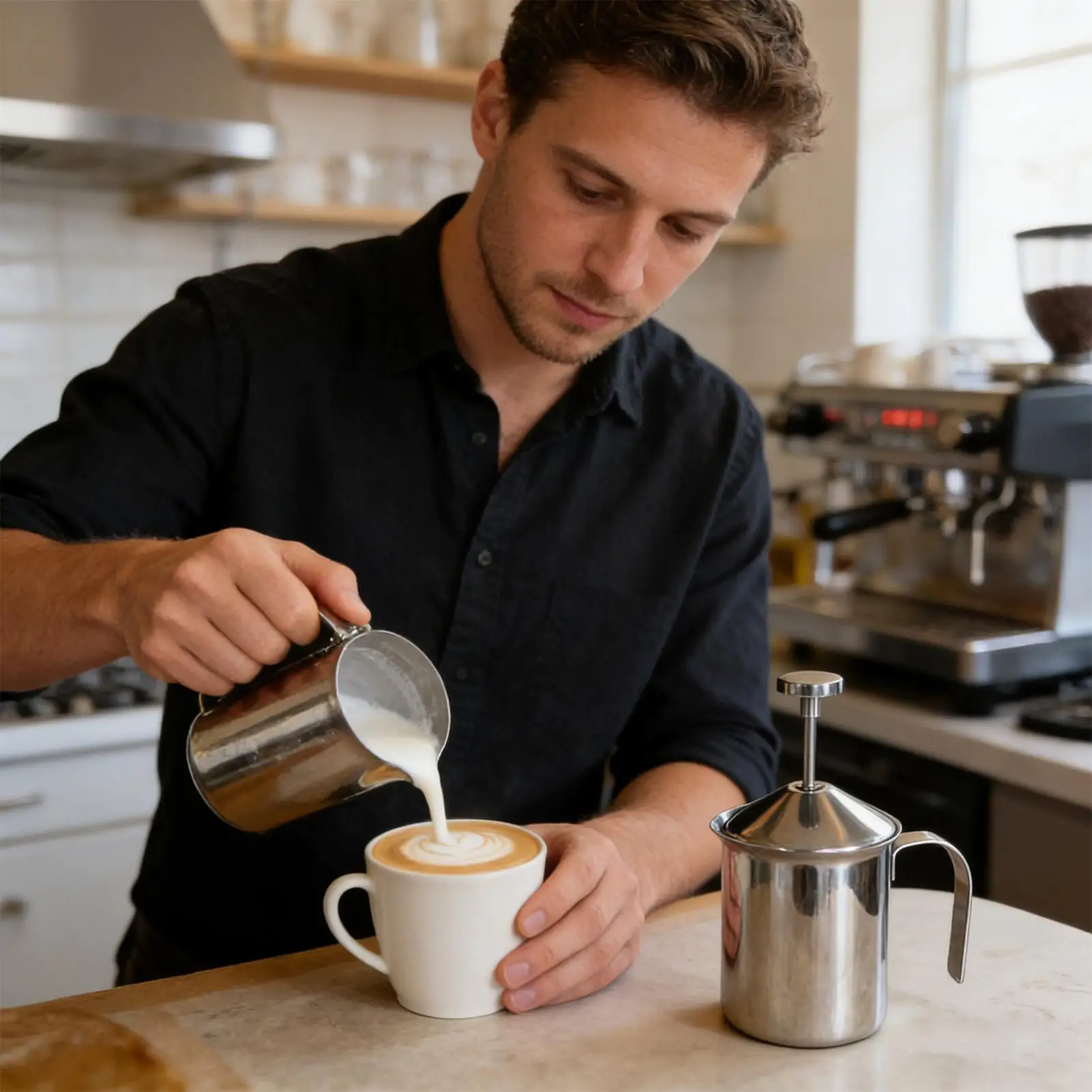 

Manual Milk Frother Stainless Steel Coffee Frother Milk Frothing Pitcher For Hot Chocolate Latte Espresso Cream Breakfast