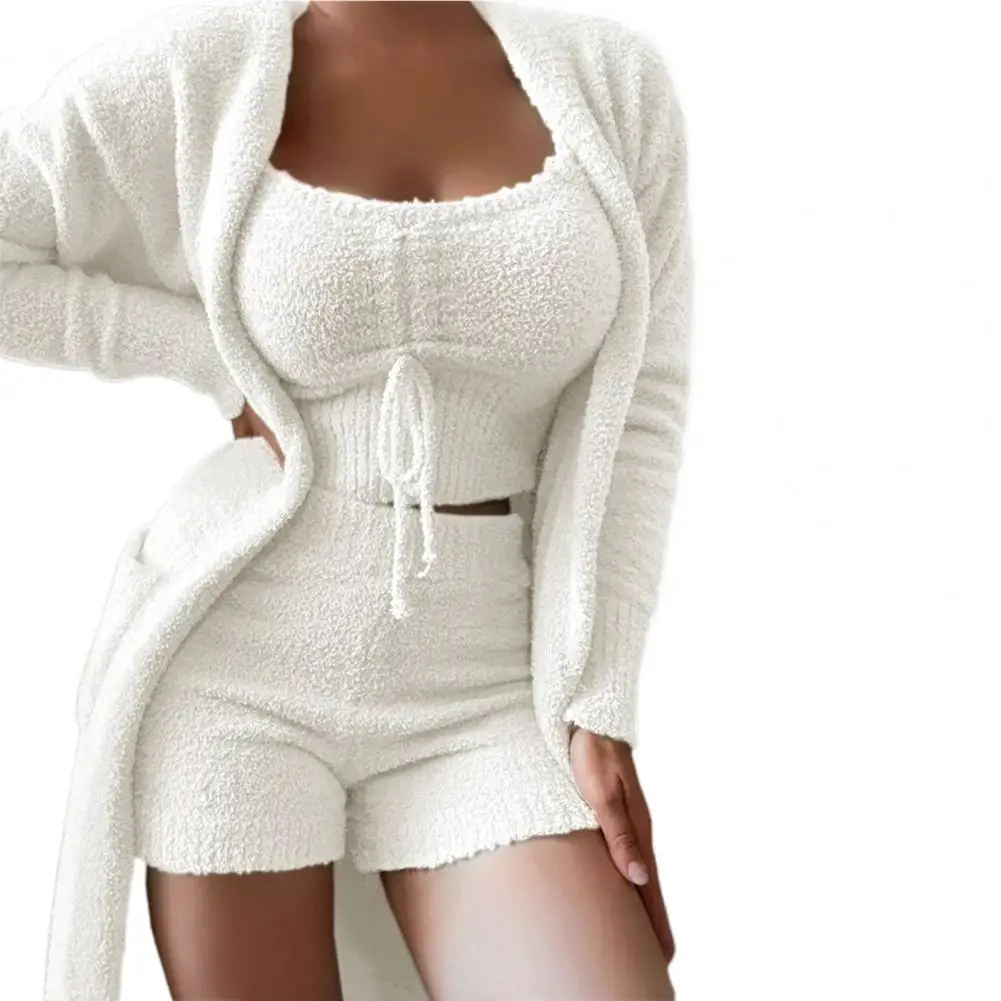 1 Set Top Shorts Coat Solid Color Plush Three-piece Temperament Thick Sleepwear Set for Sleeping womens two peice sets