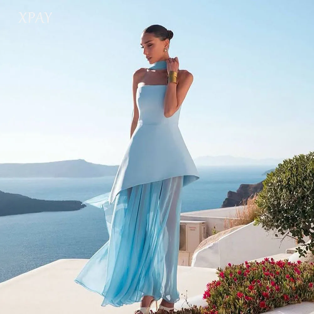 

XPAY Simple Strapless Chiffon Evening Party Dresses With Scalf Two Pieces Prom Gowns Formal Occasion Customized Arabic Women