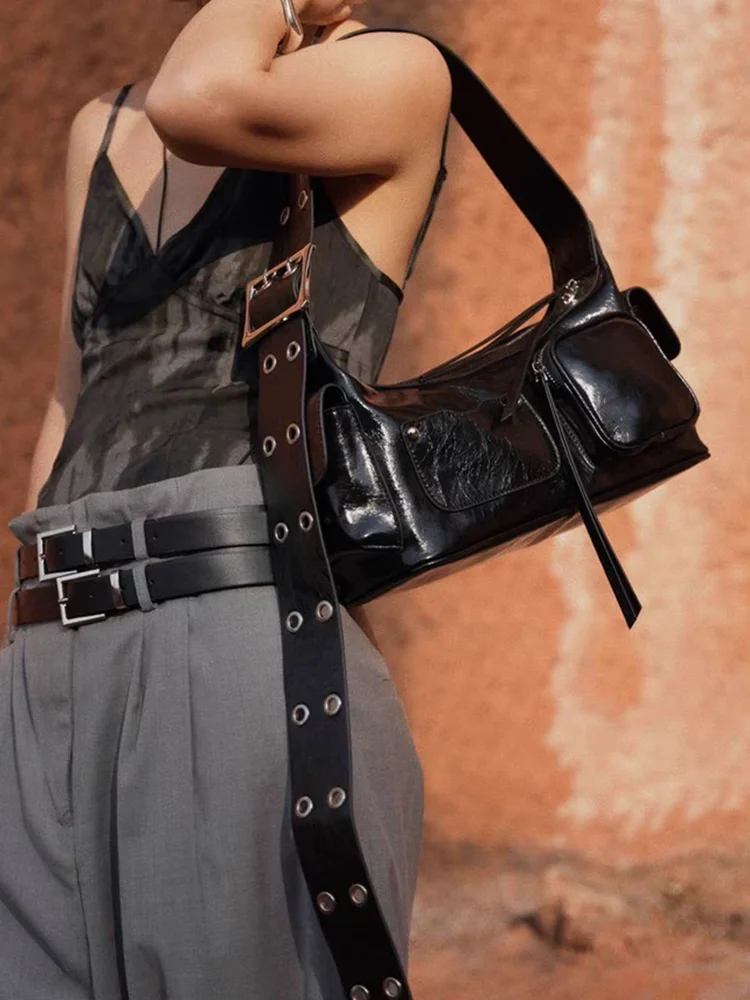

Black Fashion Niche Unique Bag Women Genuine Leather Lady Underarm Shoulder Crossbody Bag Real Leather Tote Commuter bag Cool