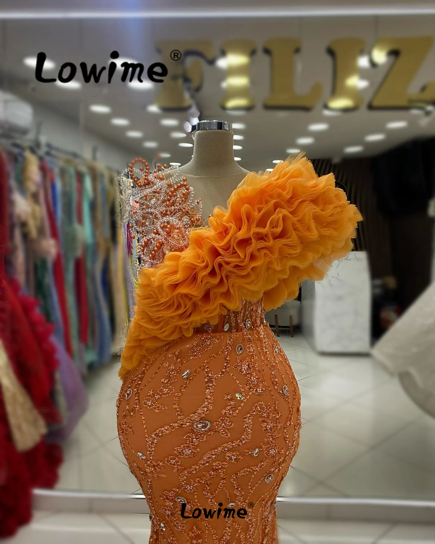 Orange Ruffles Mermaid Prom Dresses 2024 Long Aso Ebi Crystals Wedding Party Dress Robe De Soiree Beading Sequined Evening Gowns