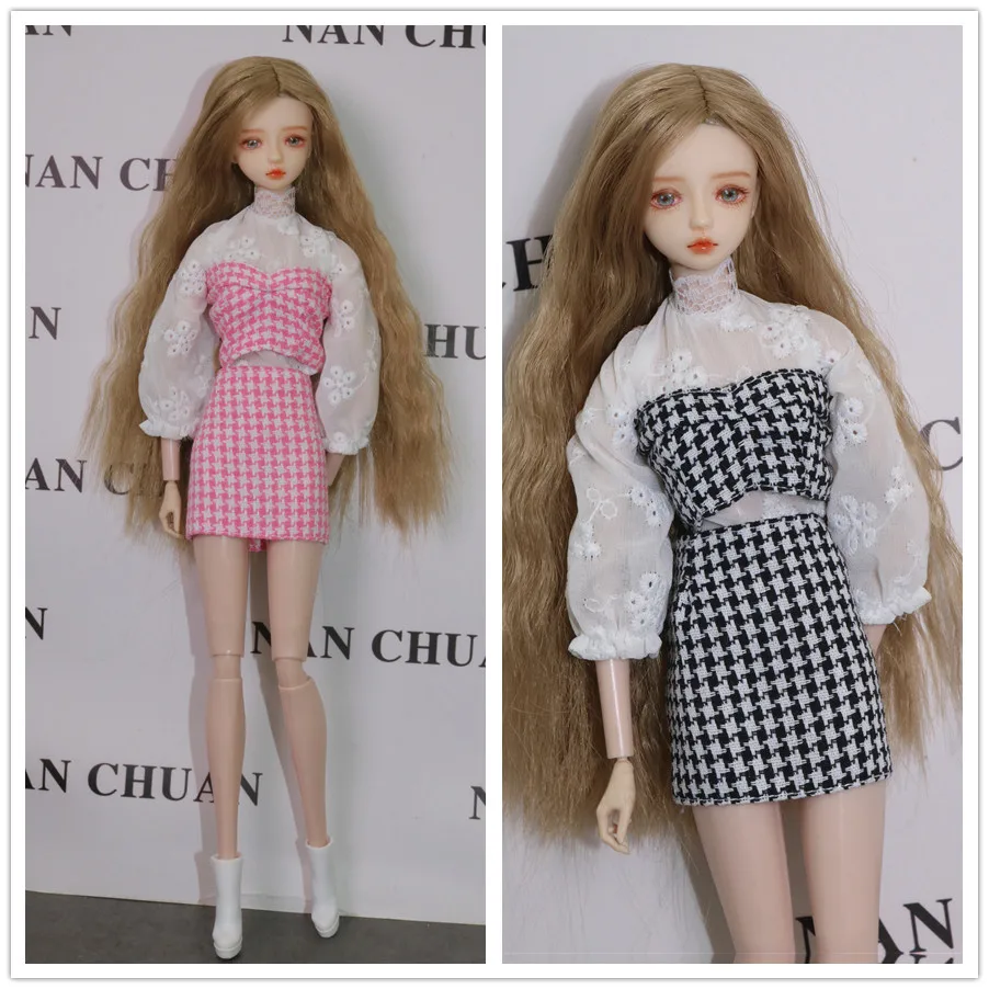 Pink grid clothes set /  white lace t-shirt + tube top + skirt / 30cm doll dress clothing outfit For 1/6 Xinyi FR ST Barbie Doll