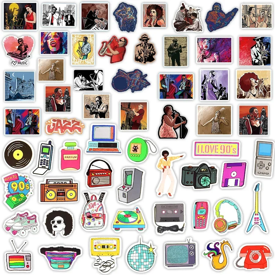 120PCS 80s90s Sticker for Laptop Skateboard Car Guitar Fridge Bike Jazz Music Retro Nostalgia Cartoon Waterproof Sticker Pack