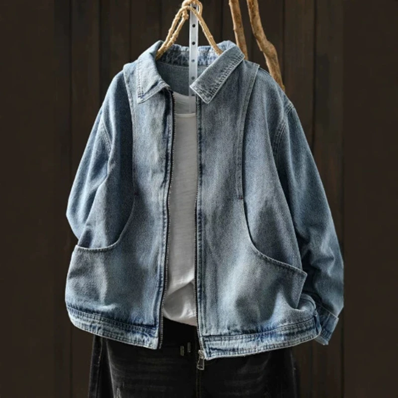 Women Casual Denim Jackets New Arrival 2026 Autumn Vintage Style Turn-down Collar Loose Female Outerwear Coats M2900