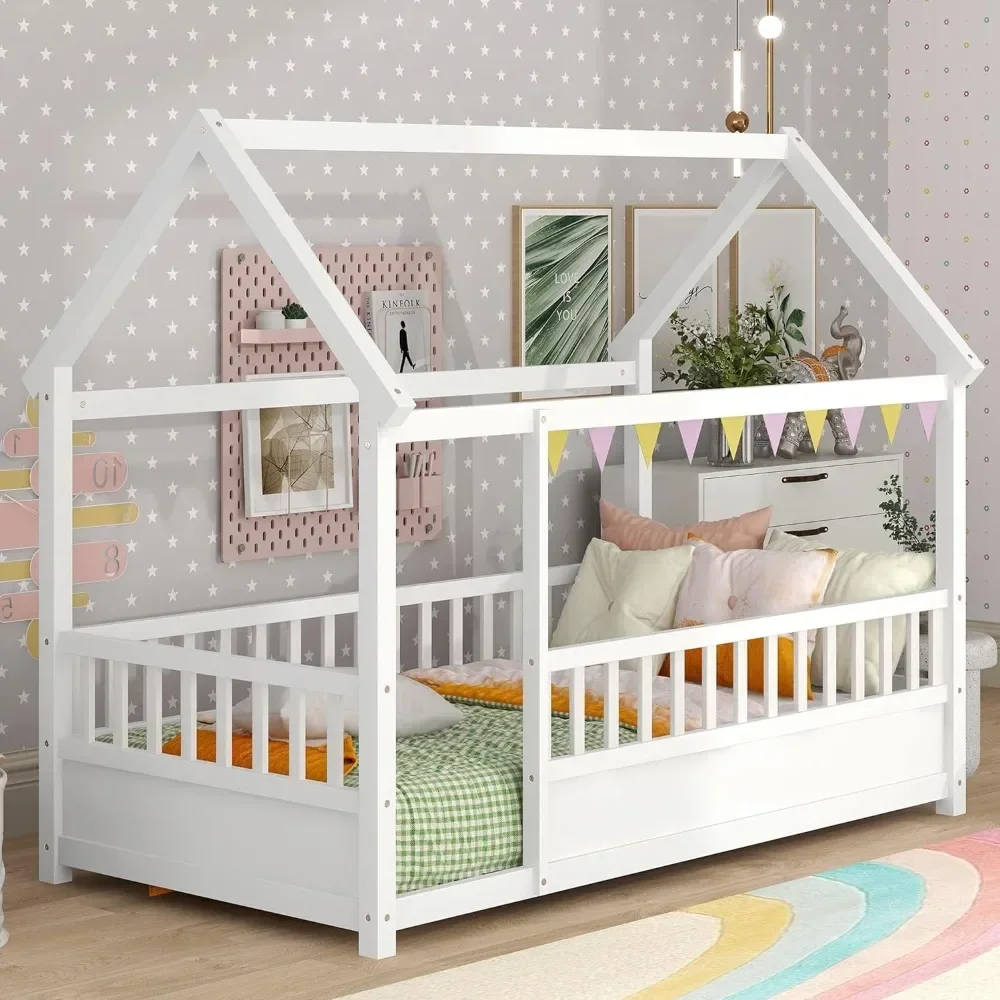 Lit jumeau au sol Montessori, lit jumeau avec clôture, maison jumelle pour enfants, filles, garçons, blanc