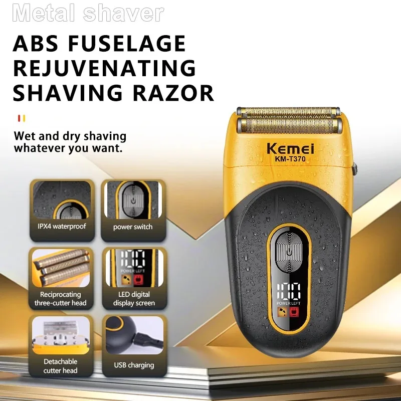 Kemei T370 Rechargeable Razor Men Beard Trimmer Professional Waterproof Electric Foil Shaver Barber 3 Blades USB Shaving Machine