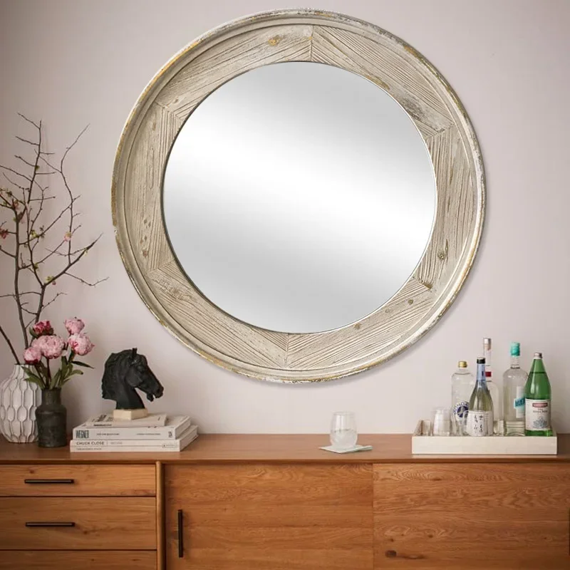 American solid wood old round mirror porch wall hanging fitting bathroom mirror living room retro decoration