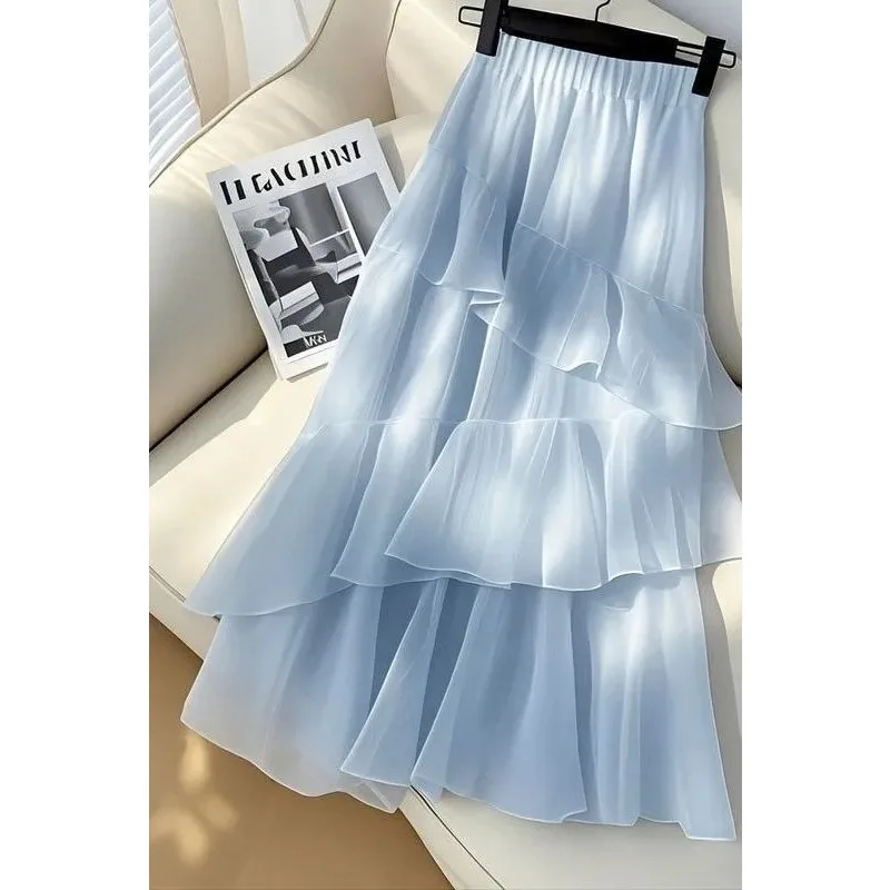 

Women's Tiered Tulle Skirt - High Waist Ruffle A-Line Maxi Skirt