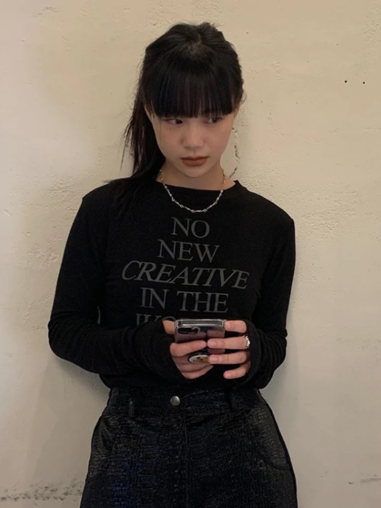 Letter Print Long Sleeve Tee Shirts Femme Casual Y2k All Match O Neck T-shirt Vintage Streetwear Harajuku Women Tshirts Korean