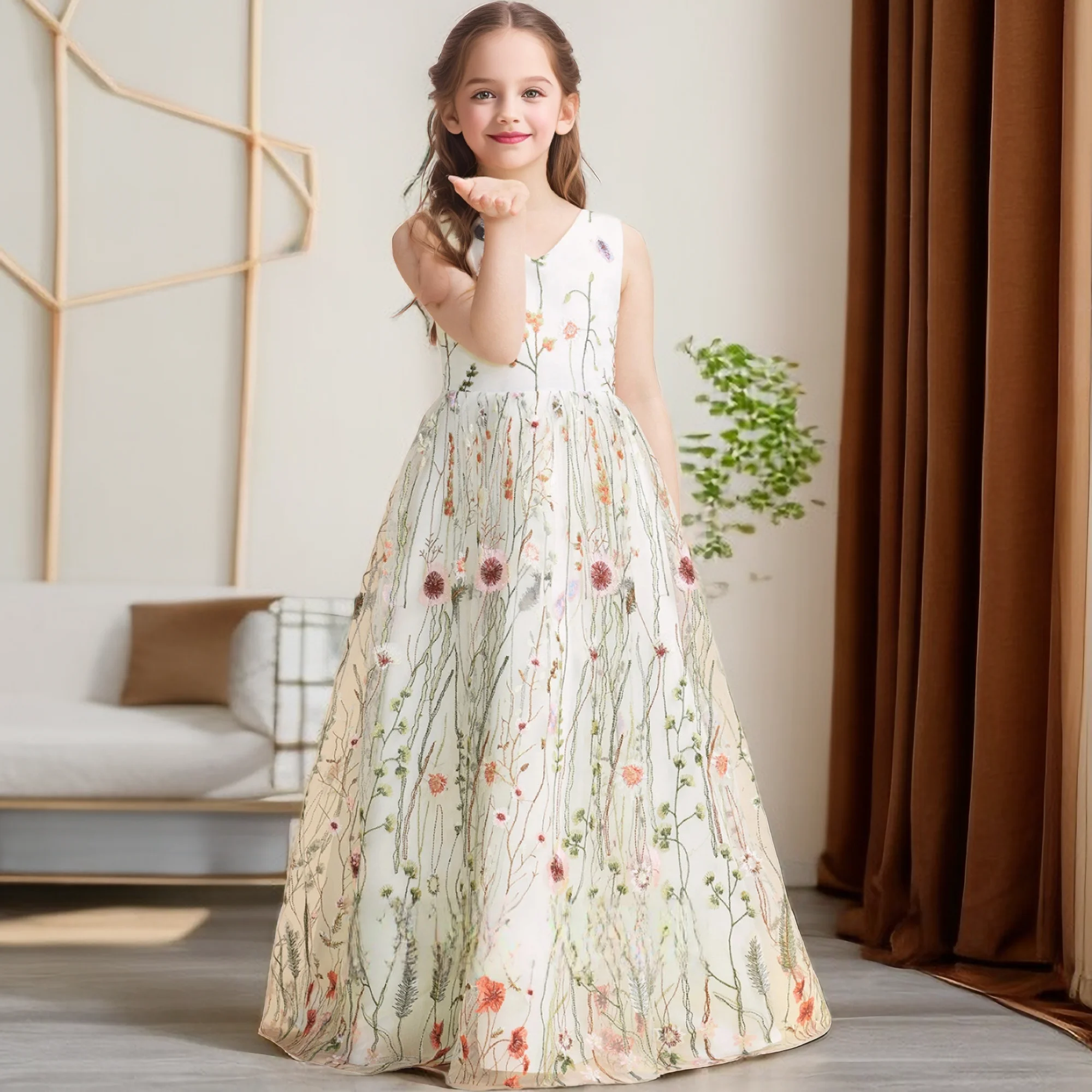 Kids Jacquard Tulle/Satin Flower Girl Dress Wedding Ceremony Birthday Party Pageant Prom Night Ball Gown Graduation Celebration