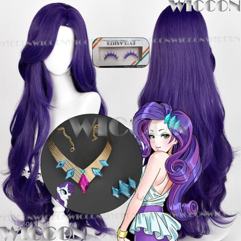 Rarity RR Anime Pony peruka do cosplay 90cm kręcone fioletowe włosy Prop lśniące rzęsy klips do włosów naszyjnik kobiety dziewczyna Halloween dostosowane