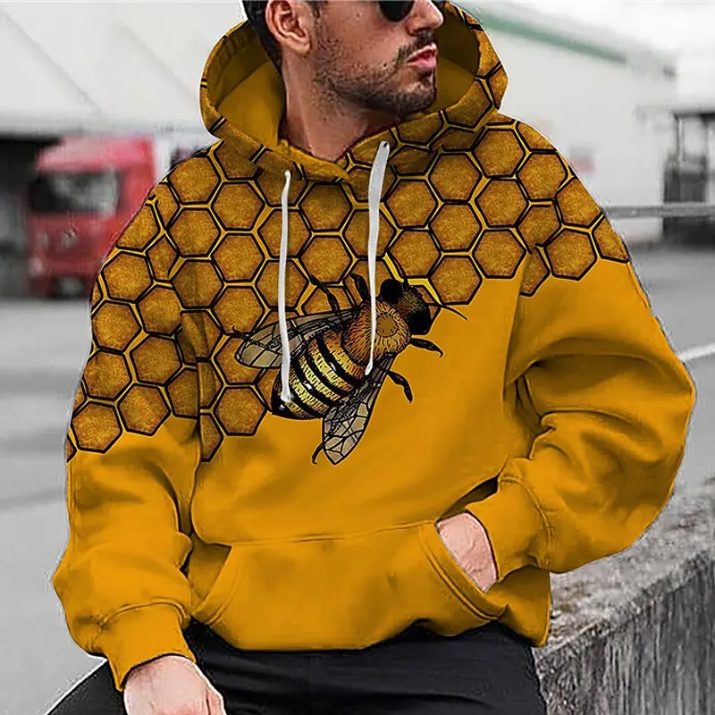

Men's Creative Design Bee Graphic Hoodies Fashion Cool Long Sleeve Hooded Sweatshirt Outdoor Street Loose Casual Clothes For Men