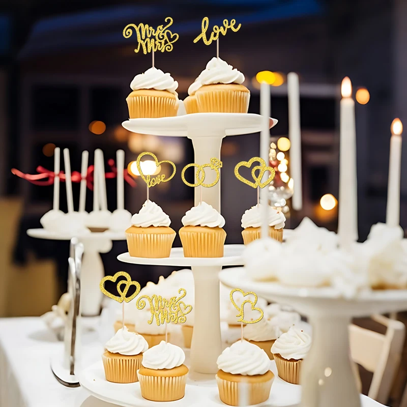 YOMDID 24 Stück Hochzeits-Cupcake-Topper, glitzernde Mr. & Mrs. Kuchenaufsätze, Doppelherzen, Liebesherzringe, Kuchenaufsätze, Hochzeitsdekorationen – Detail 11