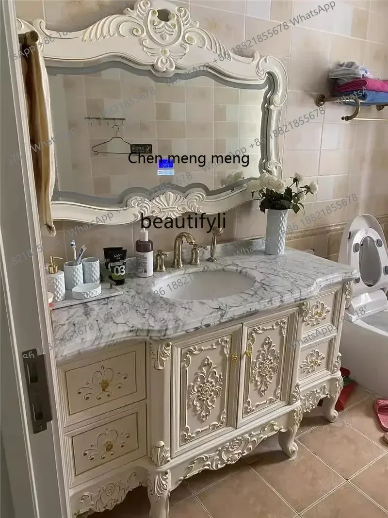 178cqyEuropean-Style Bathroom Cabinet Washbasin Antique Marble Table Solid Wood Floor Mirror Cabinet