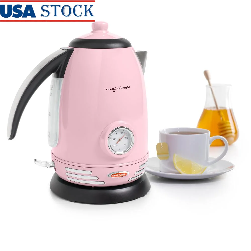 

Retro 1.7L Stainless Steel Electric Kettle Rapid Boil 1500W 360° Base Boil Dry Protection Temperature Gauge Cord Storage