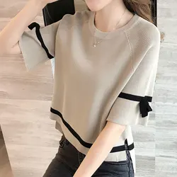 Women's O-Neck Short Sleeve Knitwear, Casual Loose Tops, Simplicity, Monochromatic, Temperament, Office Lady, Summer Fashion