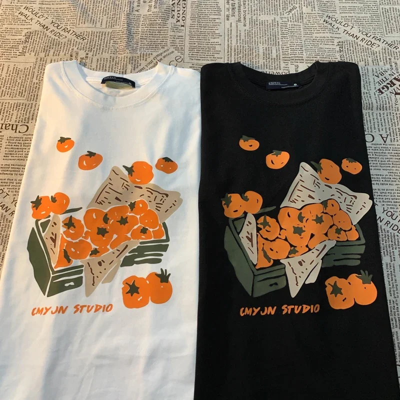 Original Box Of Orange American Retro Fun Print Loose And Versatile BF Pure Cotton Couple Short Sleeve T-shirt