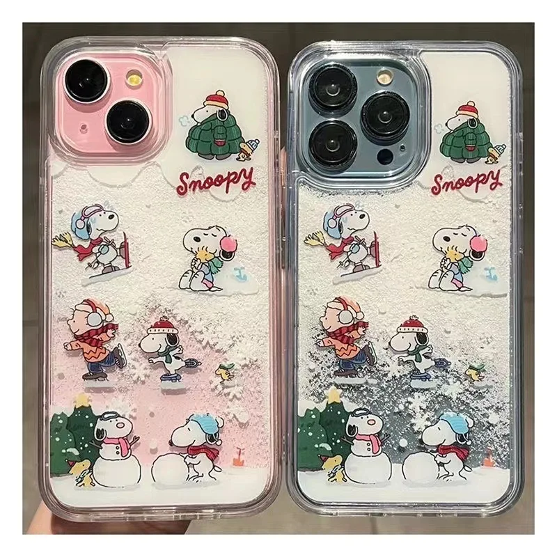 Funny Cute Skiing Snoopy Pink Heart Love Liquid Quicksand Phone Cover For iPh one 11 12 13 14 15 Pro Max Cartoon Snowman Case