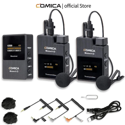 Imagen 1 del producto Comica BoomX-D2 - Sistema de micrófono inalámbrico para cámaras, videocámaras, teléfonos inteligentes, computadoras portátiles, micrófono de solapa inalámbrico compacto con grabación de doble canal, reducción de ruido,