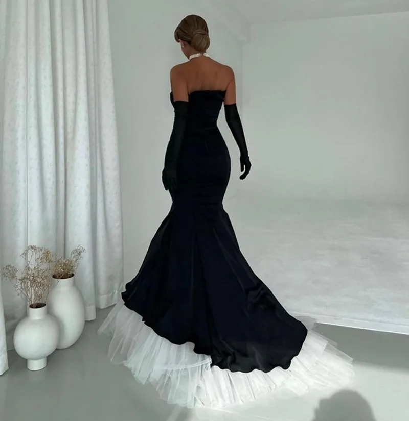 2023 Black Mermaid Prom Dress Strapless Ruffles Satin Tulle Pageant Wear Outfit Graduation Gala Gown Robe De Soiree