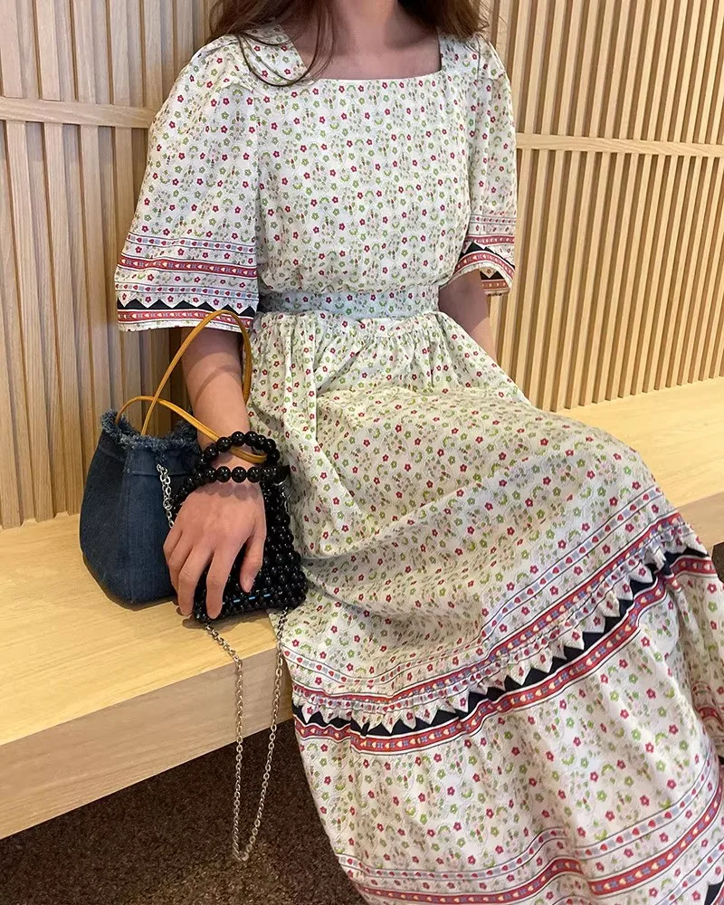 Retro ort Sve Floral Patchwork Color Blo Striped Waist Cinched Fi Tail Dr Women's Summer Ethnic Sle Dr