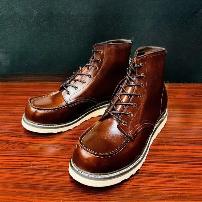 

Design Genuine Leather Men's Shoes American Retro Casual High Top Work Chelsea Snow Western Boots Male Autumn Winter