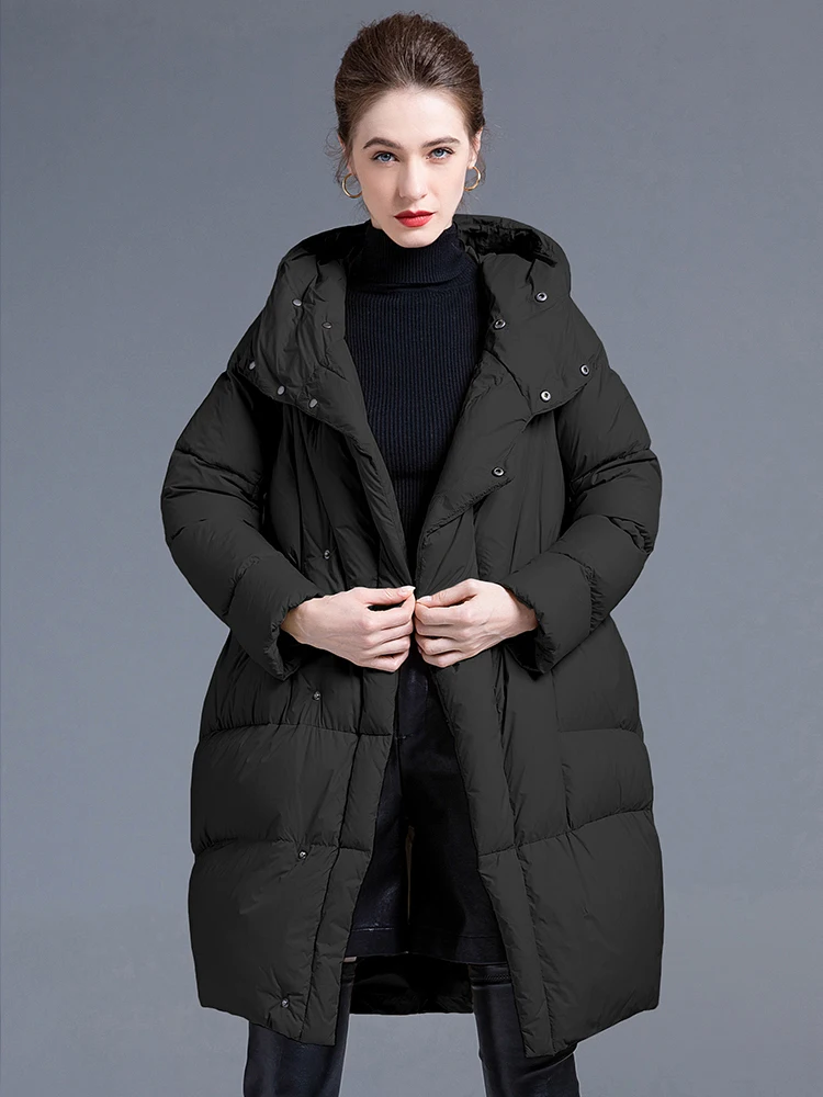 Luxury Women\'s Fluffy Long down jacket Winter Large size Fashion Pockets Hooded puffer coat Loose Female 2024 New INKEO 3O288