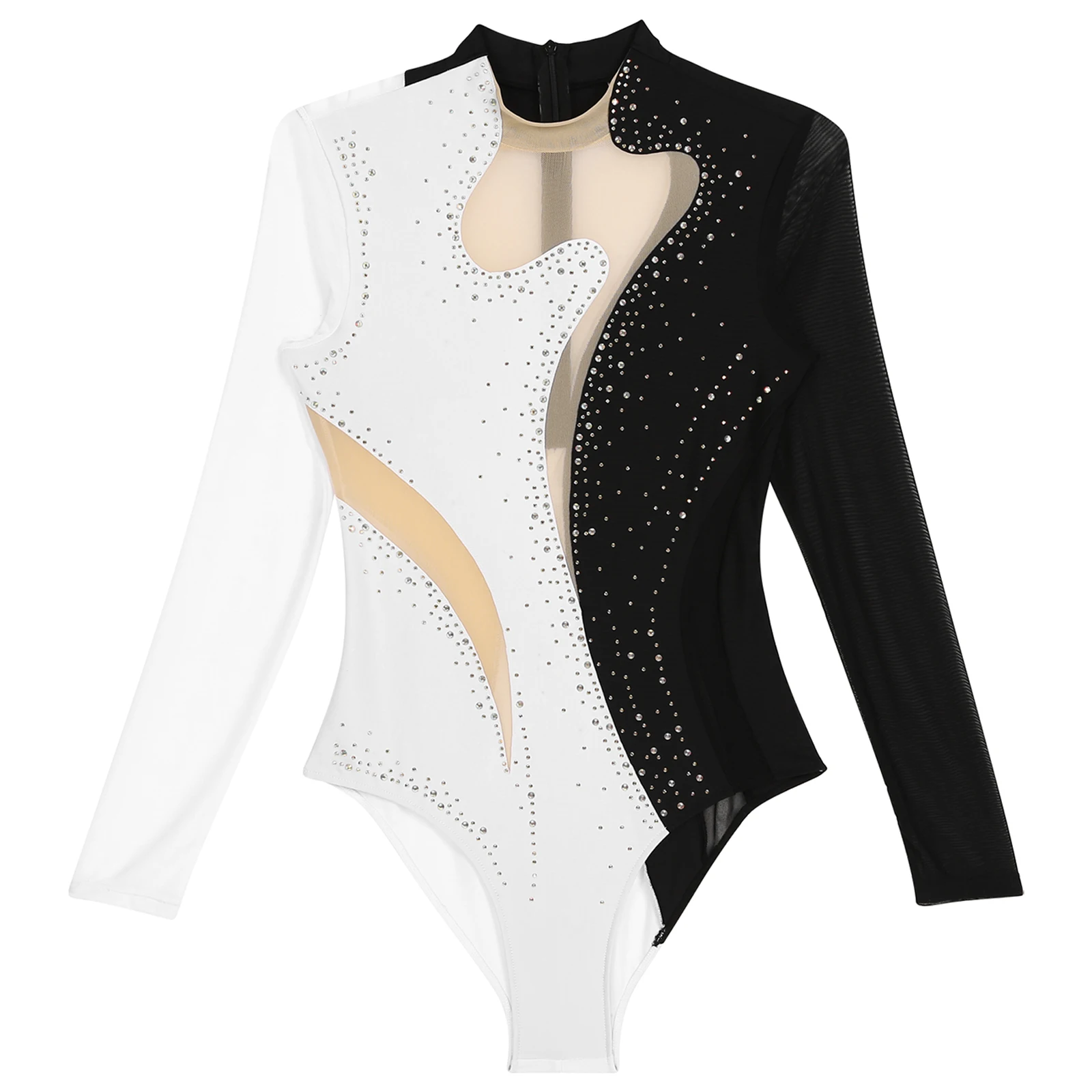 Gymnastics Leotard Women Rhinestones Mesh Long Sleeve Ballet Acrobatics Dance Bodysuit Figure Ice Skating Jumpsuit Costumes