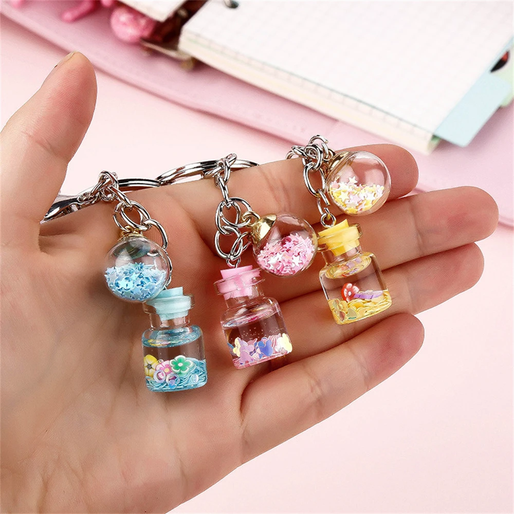 Creative Quicksand Bottle Keychain Student Cute Simulation Flower  Wish Bottle Pendant Key Rings For Girls Fashion Party Gift