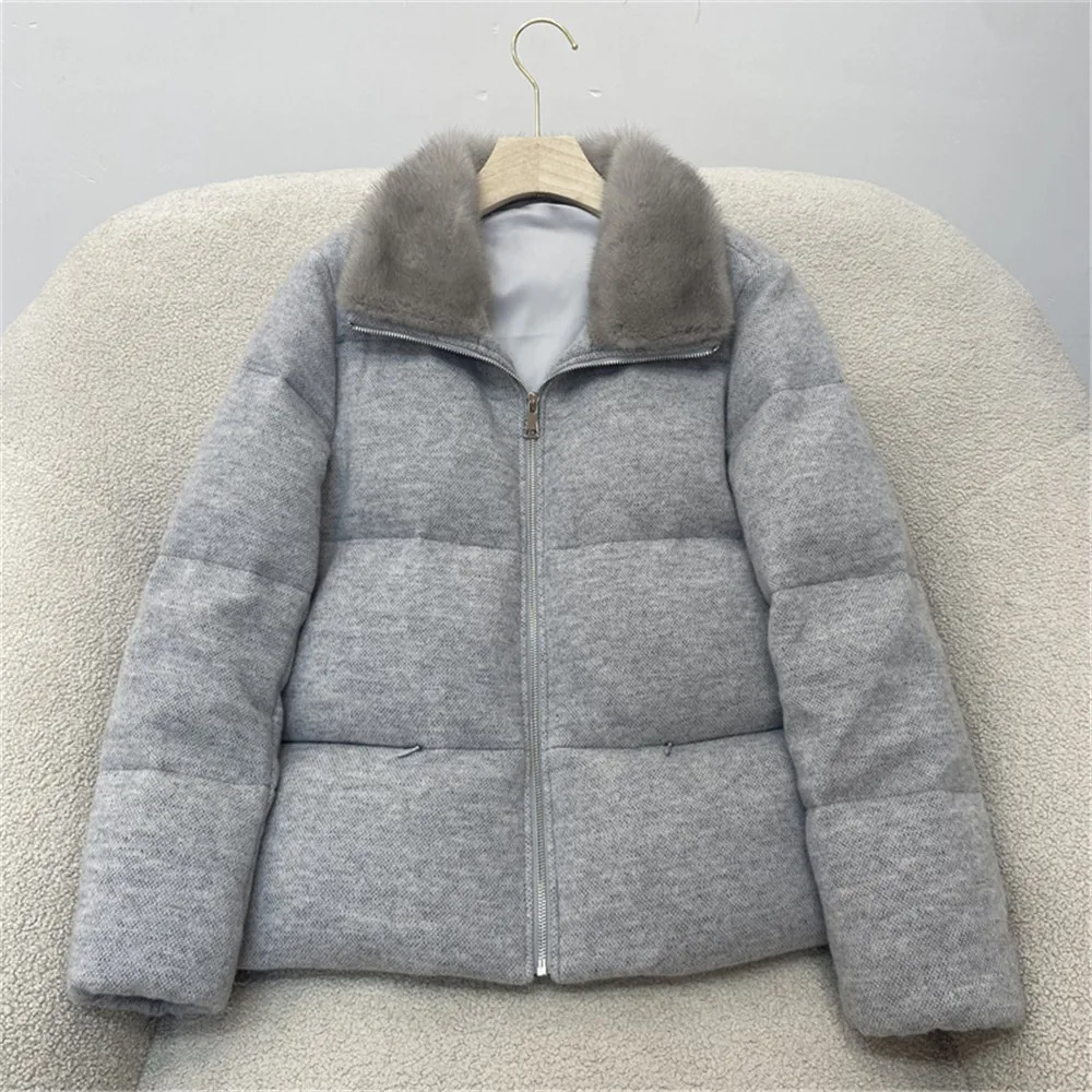 High Quality Women's Cashmere Wool Knitted Goose Down Jacket Winter Warm Mink Fur Collar Fur Coat