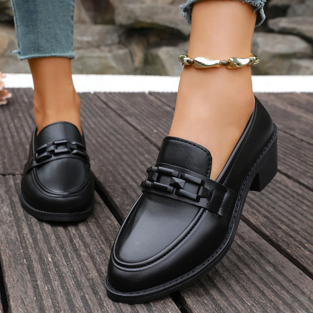 Women Slip‑On Loafers Black Buckle Decor Square‑Toe Block‑Heel Patent & Matte PU Non‑Slip Casual Office Daily Dress Shoes view 6