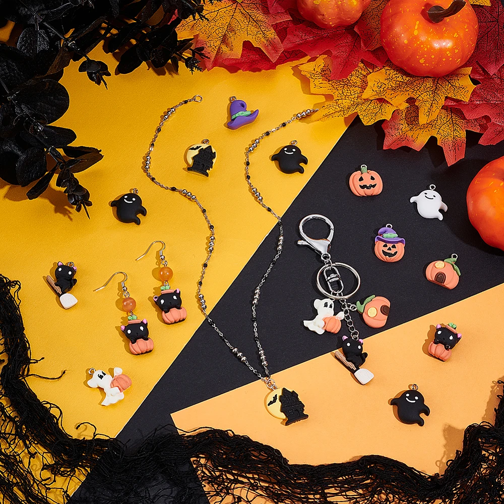 80Pcs 10 Styles Halloween Charms Resin Jewelry Making Charms 3D Cartoon Bracelet Charm Pumpkin Ghost Pendant