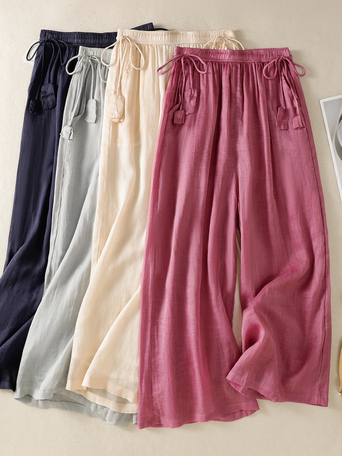 

Художественный дизайн Sa, широкие повседневные легкие брюки чистого цвета, свободные летние утягивающие прямые брюки с эластичной резинкой на талии