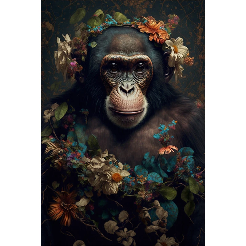 Jungle Animals Poster with Frame Flower Chimpanzee Gorilla Snowy Fox Giraffe Canvas Art Painting Wall Picture Living Room Decor