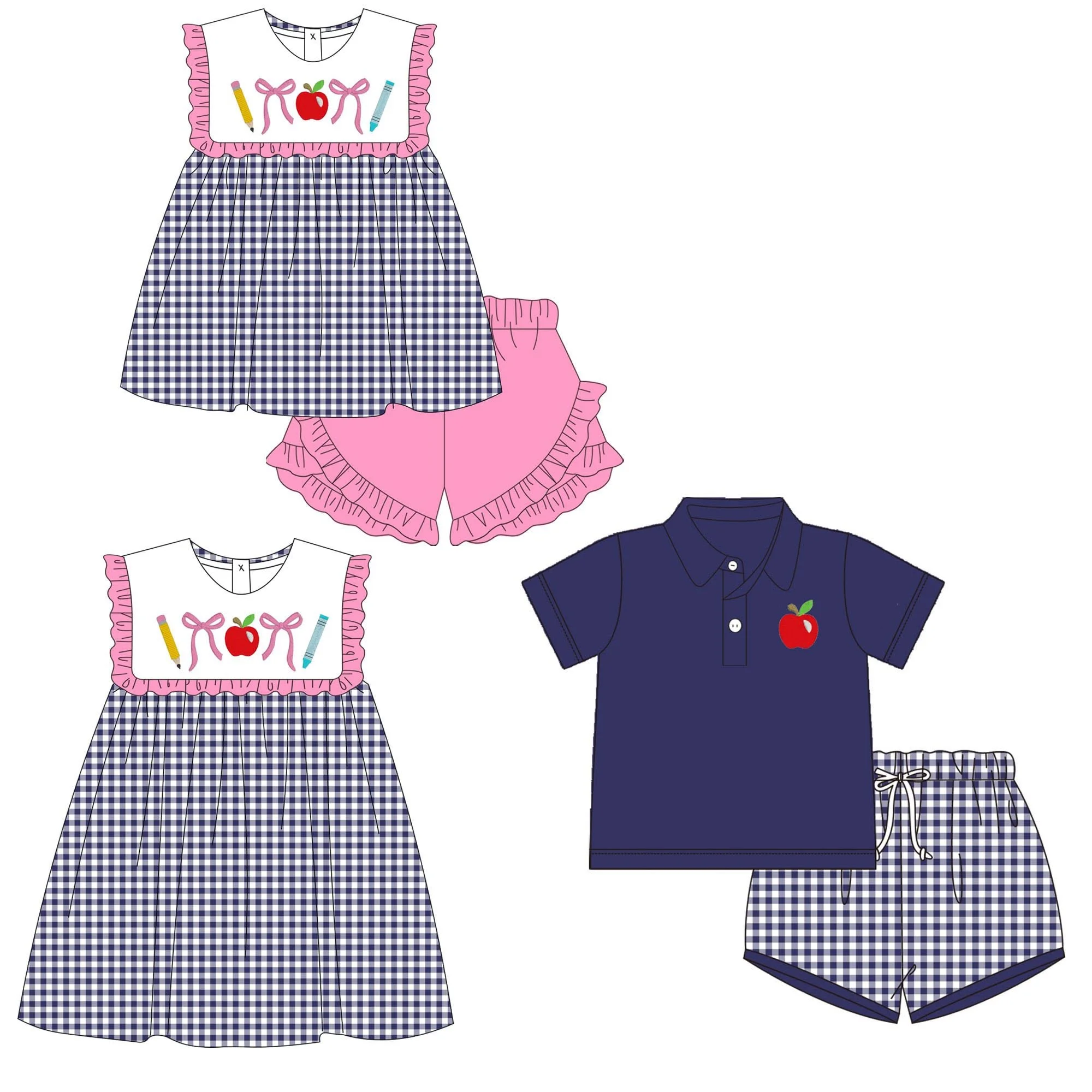 New Back to School Boutique Children's Clothing Apple Pencil Print Plaid Set Girls Casual Dress Boy Outfit