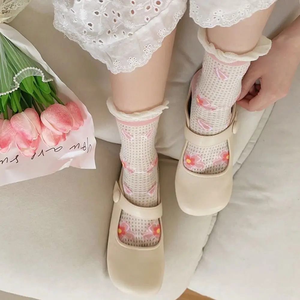 

6Pairs Mesh Hollow Transparent Flower Socks Ruffle Breathable Mid Tube Socks Female Hosiery Ultra-thin Sweet Socks Women Girl