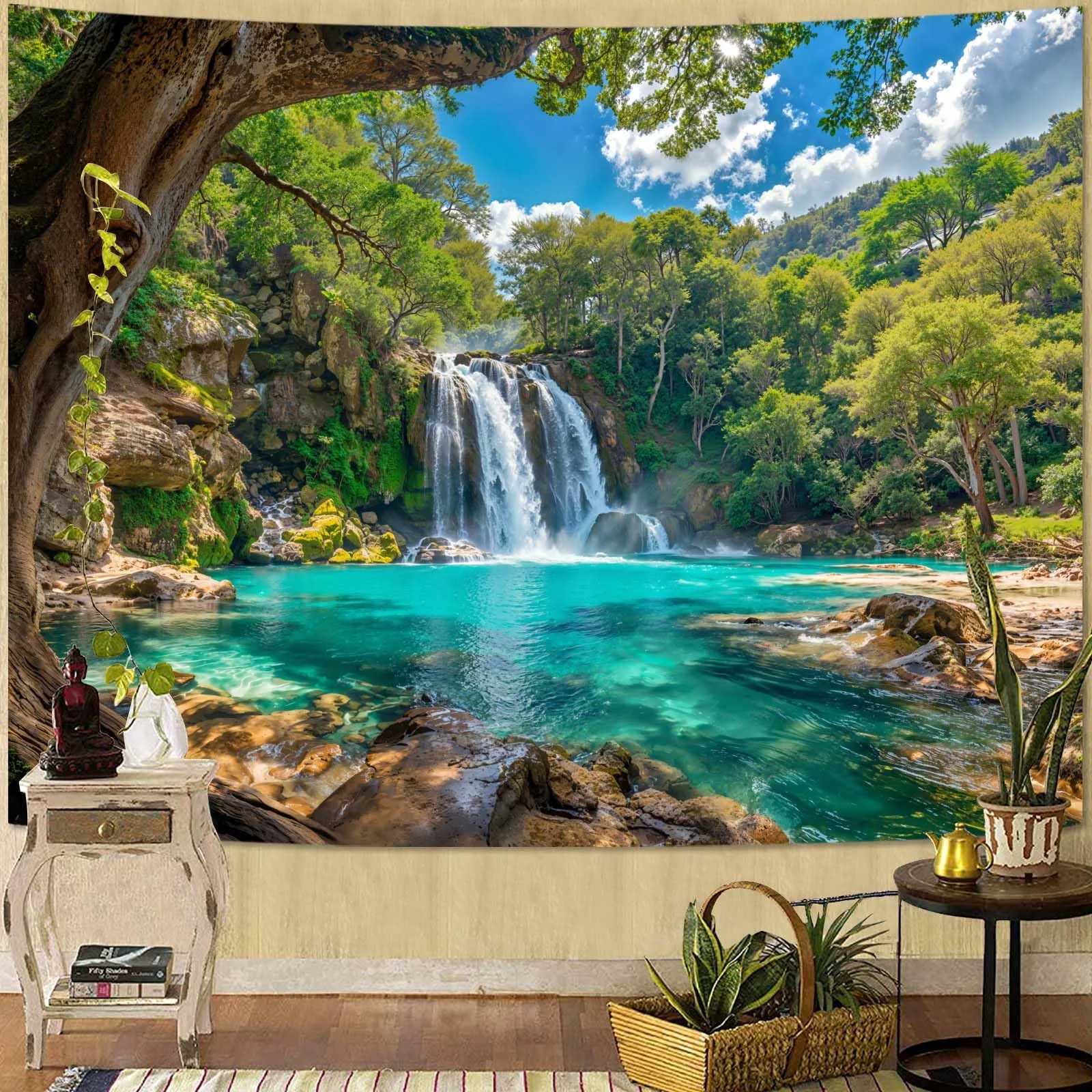 VIKAMA Tropical Forest Waterfall Tapestry Healing Nature Landscape Wall Hanging for Bedroom Living Room Homestay Decor
