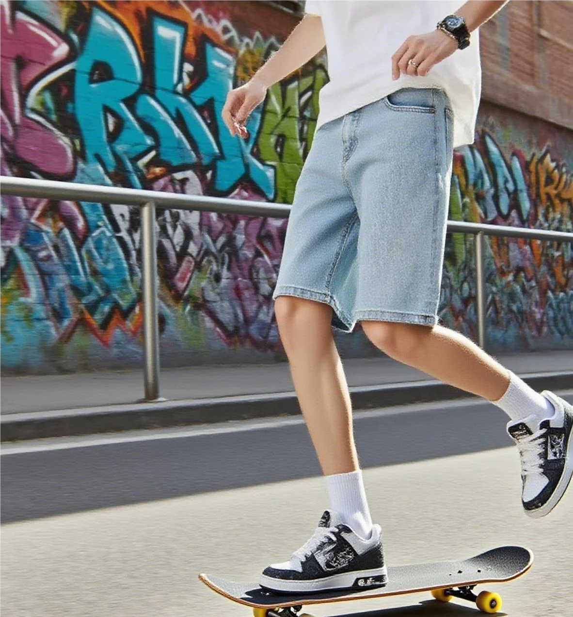 

New Fashionable Street Wear Men's Denim Shorts Summer Loose Retro Harajuku Splicing Hip Hop Simple and Rebellious