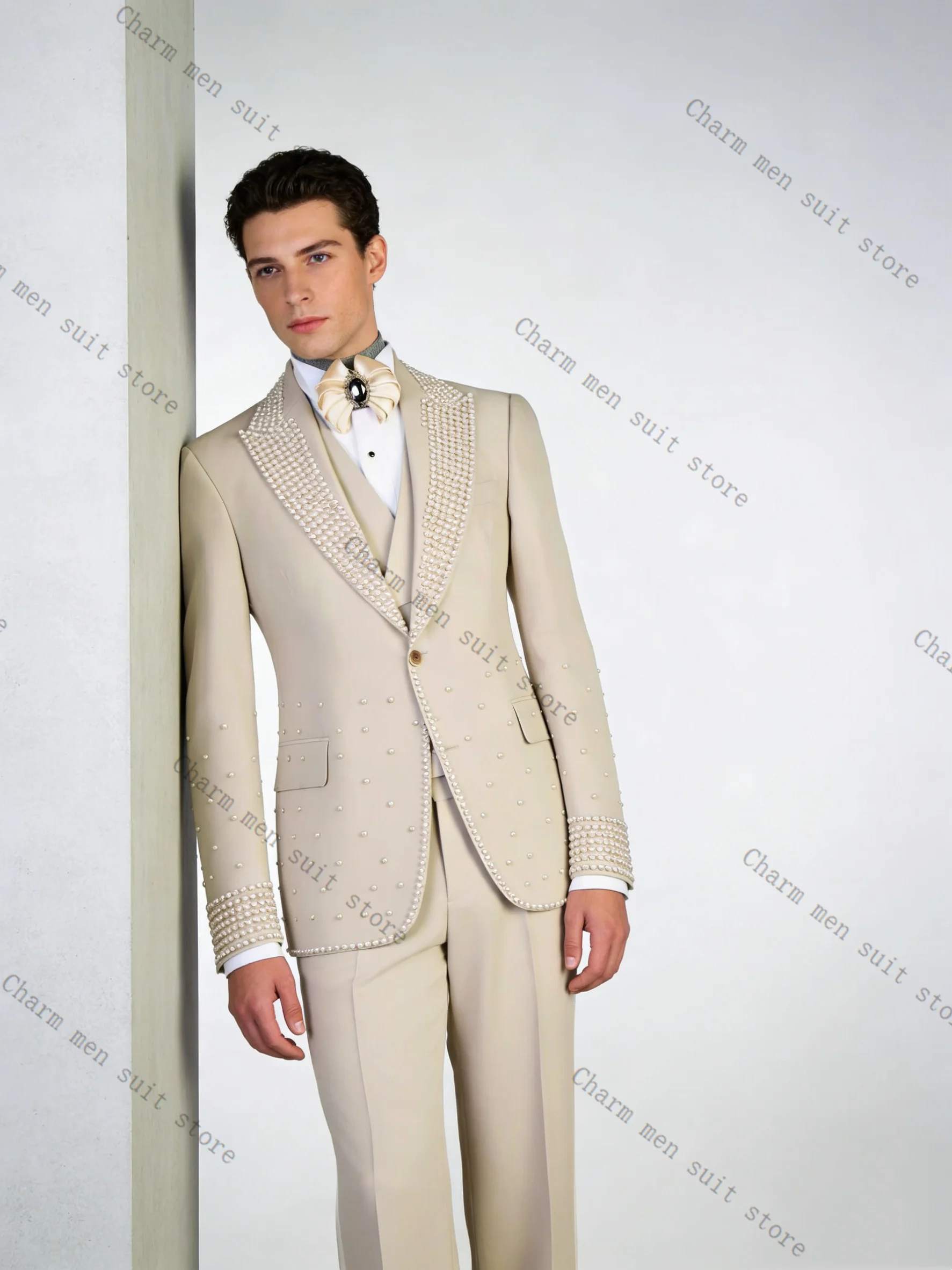 Beige Glitter Crystals Men Suits Set 2 Pcs Blazer+Pants Trousers Luxury Wedding Tuxedo Formal Office Business Groom Jacket Coat