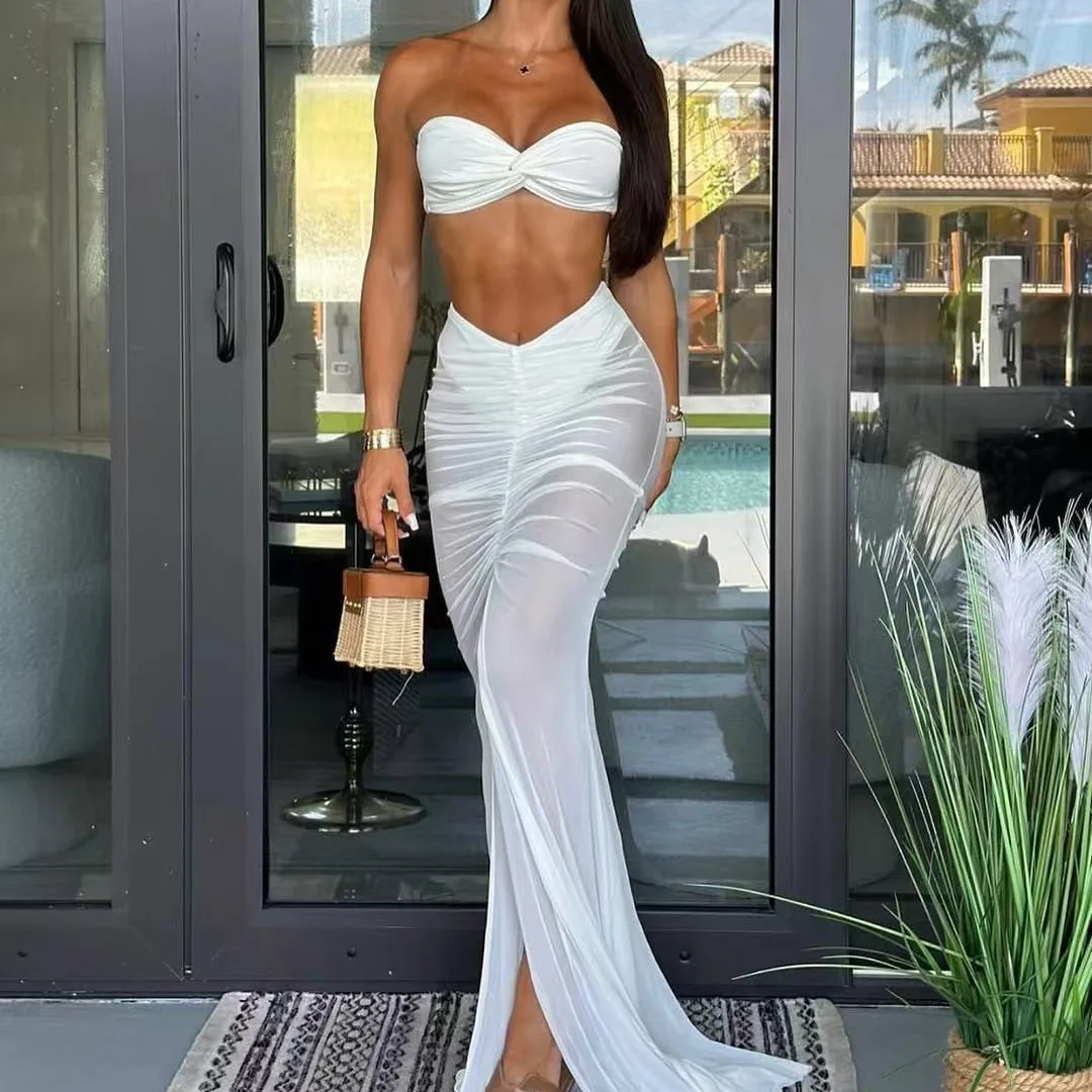 

Women Bra Top And High Waist Slit Skirt Suit Elegant Solid Color Two-piece Vacation Suit Fashionable One-shoulder Suit 2025 Sexy