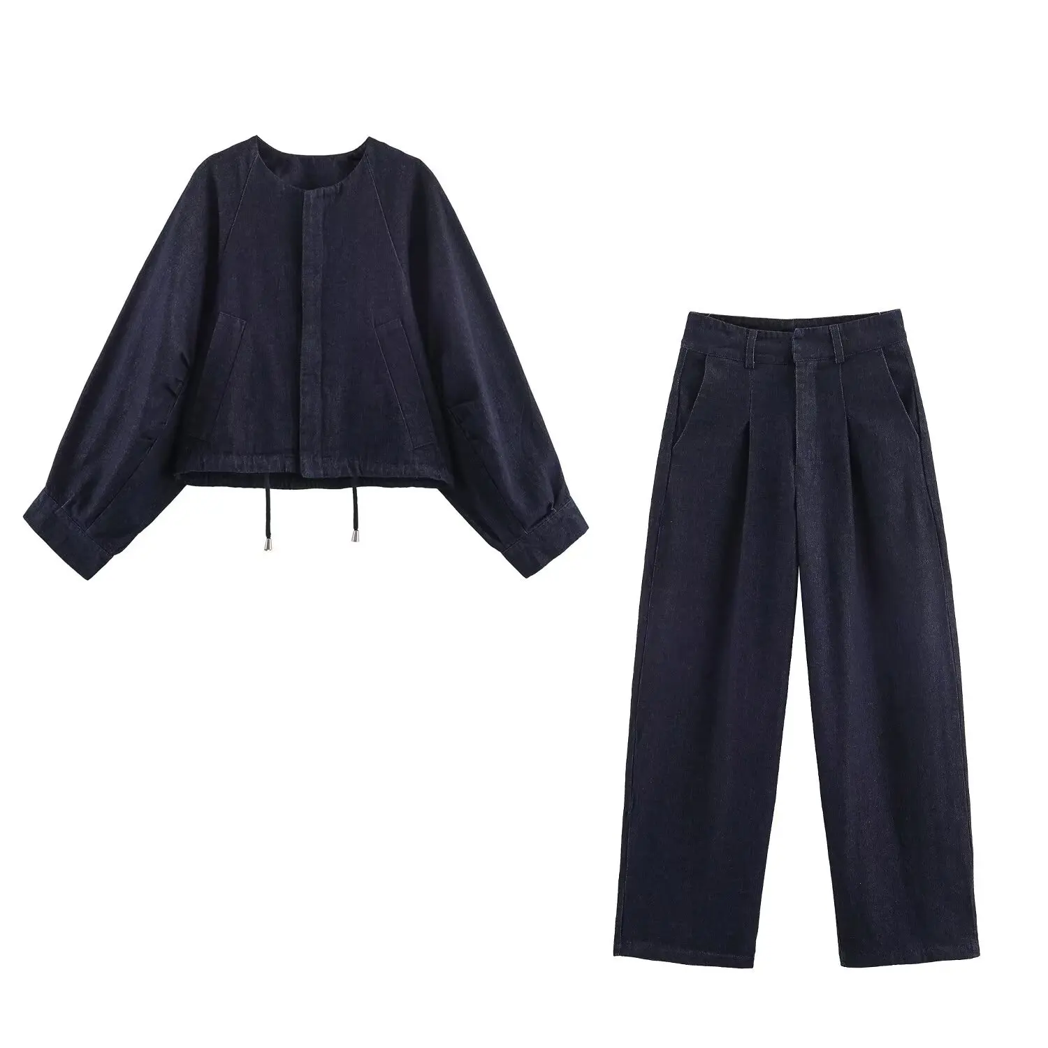 

Cross-border European and American style 2025 new denim fluffy bomber jacket pleated pants two-piece set