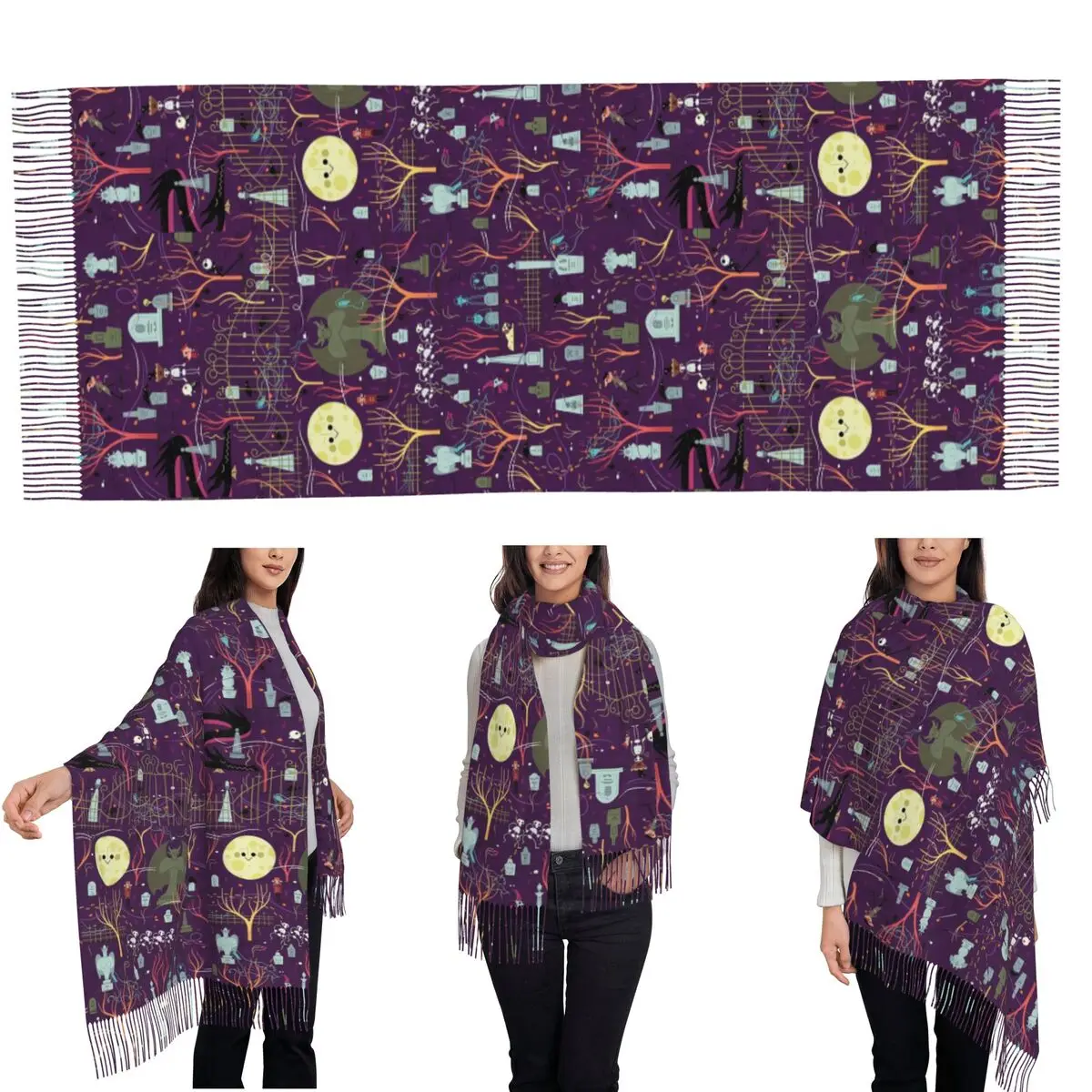 Gothic Vampire Halloween Haunted Mansion Scarf Tassel Scarves Women Soft Warm Shawls and Wraps Large Fall Winter Shawl Wrap