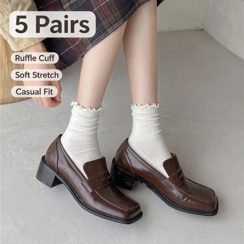 5 Pairs/Lot Women's Ruffle Cuff Slouch Socks Soft Breathable Mid Calf Socks Daily Sweet Versatile Casual Socks
